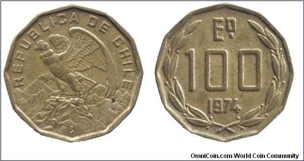 Chile, 100 escudos, 1974, Ni-Brass, Condor.                                                                                                                                                                                                                                                                                                                                                                                                                                                                         