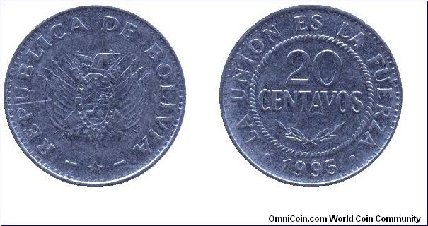 Bolivia, 20 centavos, 1995, Steel.                                                                                                                                                                                                                                                                                                                                                                                                                                                                                  
