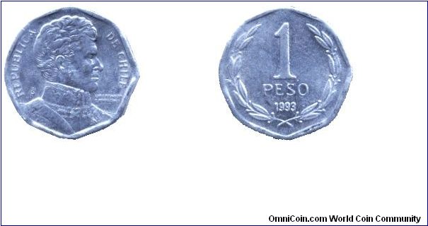 Chile, 1 peso, 1993, Al, Bernardo O'Higgins.                                                                                                                                                                                                                                                                                                                                                                                                                                                                        