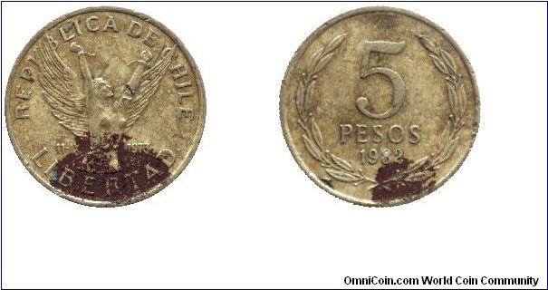 Chile, 5 pesos, 1982, Ni-Brass.                                                                                                                                                                                                                                                                                                                                                                                                                                                                                     