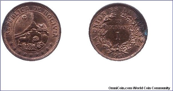 Bolivia, 1 boliviano, 1951, Bronze.                                                                                                                                                                                                                                                                                                                                                                                                                                                                                 