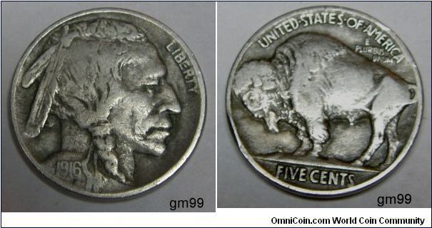 BUFFALO NICKEL FIVE CENTS,Mintmark: None (for Philadelphia) on the reverse below FIVE CENTS