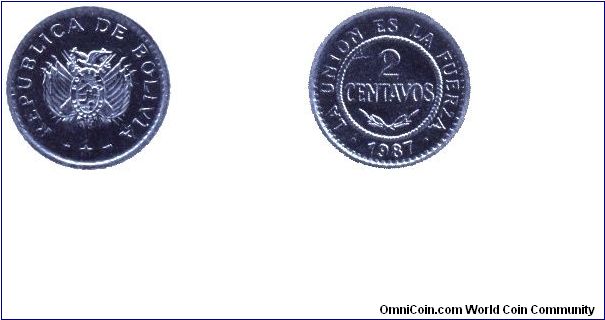 Bolivia, 2 centavos, 1987, Steel.                                                                                                                                                                                                                                                                                                                                                                                                                                                                                   