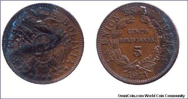 Bolivia, 5 bolivianos, 1951, Bronze.                                                                                                                                                                                                                                                                                                                                                                                                                                                                                