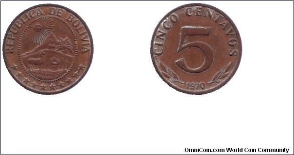 Bolivia, 5 centavos, 1970, Cu-Steel.                                                                                                                                                                                                                                                                                                                                                                                                                                                                                