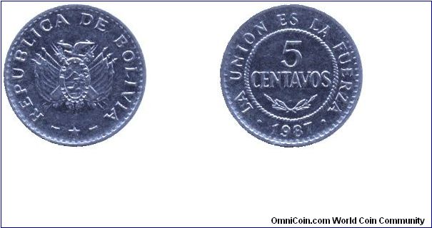 Bolivia, 5 centavos, 1987, Steel.                                                                                                                                                                                                                                                                                                                                                                                                                                                                                   