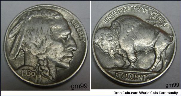 Buffalo Nickel
Diameter: 21.2 millimeters
Metal content:
Copper - 75%
Nickel - 25%
Weight: 5 grams
Edge: Plain
