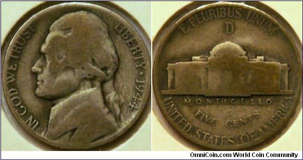 Jefferson 'war' nickel, 1944D, 21.2 mm, .56 Cu, .35 Ag, .09 Mn