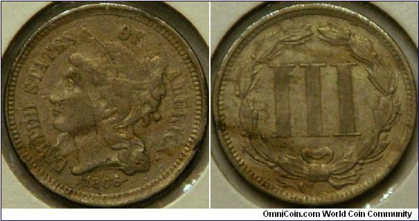 short lived 3 cent piece, (minted 1851-1889), nickel variety, 18 mm, .75 Cu, .25 Ni
