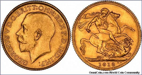 Bombay, India Mint sovereign of George V, dated 1918, the only year that all 7 mints, including Bombay, issued sovereigns. We are slowly adding to and upgrading our images of sovereigns (along with other coins) of all dates and mints.