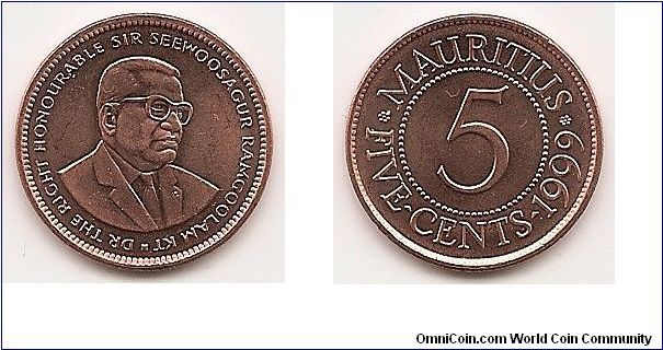 5 Cents
KM#52
3.0000 g., Copper Plated Steel Obv: Value within beaded circle
Rev: Bust of Sir Seewoosagur Ramgoolam 3/4 right