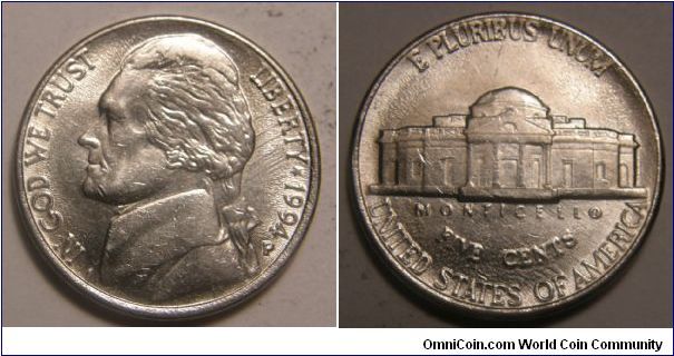 Thomas Jefferson Nickel(5 Cents)1994P-Mintmark: Small P (for Philadelphia) below the date on the obverse.
Rays on both the Obverse an drevese.