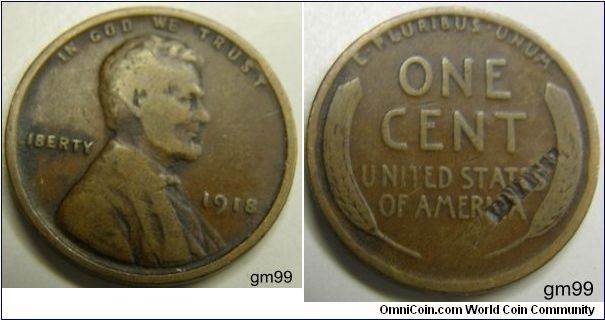 LINCOLN/WHEAT, ONE CENT Lamination Error on the Reverse.
