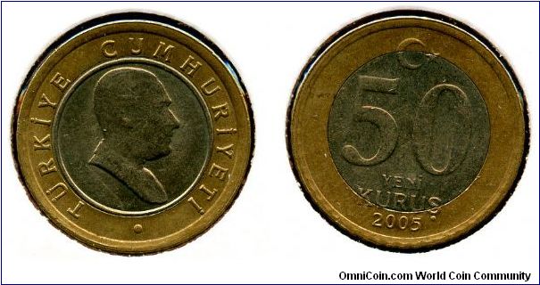2005
50 new kurus
Ataturk's profile 
Crescent & star, value
