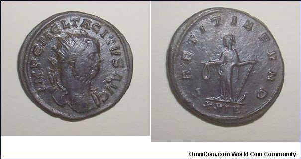 TACITUS - Antoninianus - 275/276 - IMP C M CL TACITVS AVG, radiate, draped & cuirassed bust right / LAETITIA FVND, Laetitia standing left holding wreath and rudder set on globe. In ex: XXIB. Mm 22,6 grs 3,4