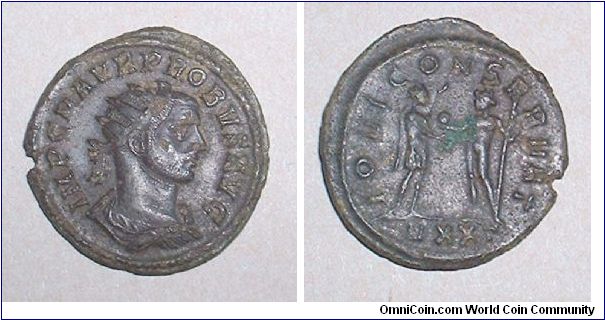 PROBUS -  Antoninianus - Ticinum Mint - IMP C M AVR PROBVS AVG, radiate, draped & cuirassed bust right / IOVI CONSERVAT, Emperor standing right receiving globe from Jupiter, VXXT in ex.