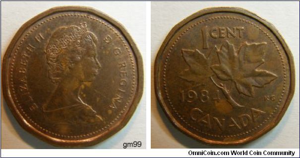 Queen Elizabeth II. Reverse; maple leaf divides date and denomination. 1 Cent