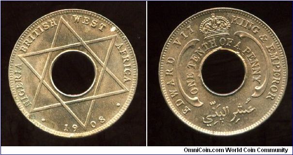 Nigeria-British West Africa
1908
1/10d One tenth of a penny
Seal of Solomon & date
Crown above value