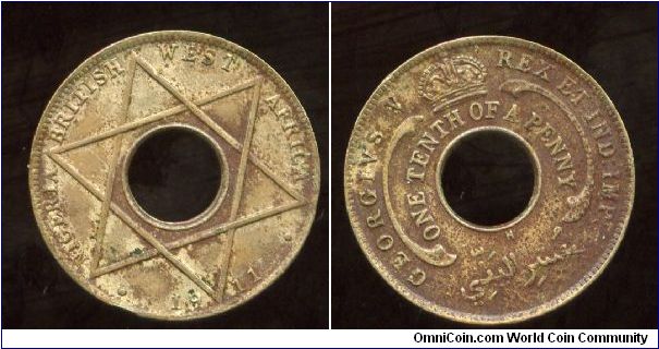Nigeria-British West Africa
1911h
Heton mint Birmingham
1/10d One tenth of a penny
Seal of Solomon & date
Crown above value
