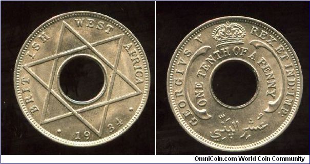 1934
1/10d One tenth of a penny
Seal of Solomon & date
Crown above value