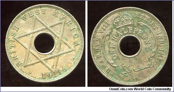 1936
1/10d One tenth of a penny
Seal of Solomon & date
Crown above value