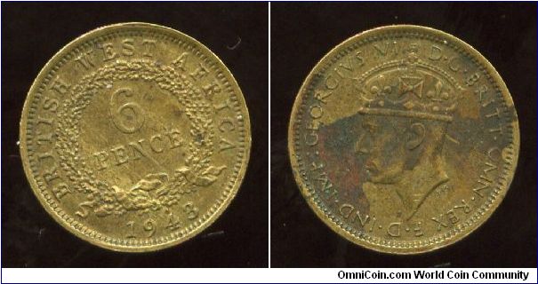 1943
6d  Sixpence
Value in wreath
King George VI