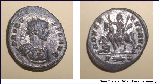 PROBUS -  Antoninianus. Rome Mint, IMP PROBVS AVG, radiate cuirassed bust right / ADVENTVS AVG, emperor on horseback left, raising right hand & holding a scepter in the left, treading down a captive seated on ground to left.  R thunderbolt Z in ex. Mm 20 grs 3,6