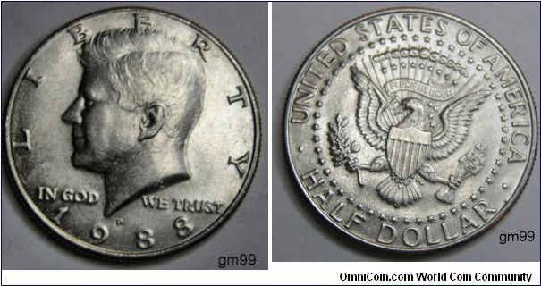 1988D-50 cents(half dollar)
President John F. Kennedy
The coin had the Heraldic Eagle, based on the Great Seal of the United States