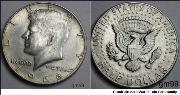 1968D(DENVER MINT)one Dollar
President John F. Kennedy
The coin had the Heraldic Eagle, based on the Great Seal of the United States on the reverse.