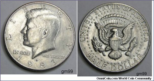 HALF Dollar 1983D (DENVER MINT)
President John F. Kennedy
The coin had the Heraldic Eagle, based on the Great Seal of the United States on the reverse.