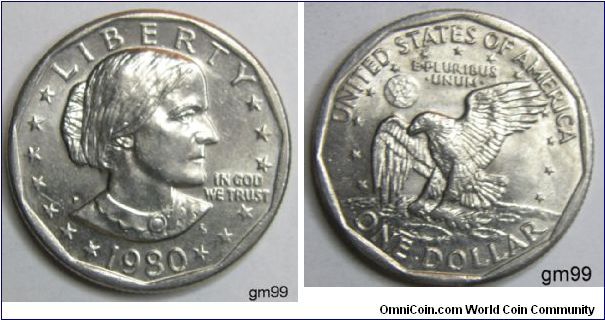 Susan B Anthony 
One Dollar
The reverse depicts an eagle flying above the moon (with the Earth in the background), a design adapted from the Apollo 11 mission insignia