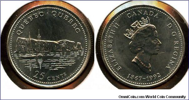 1992 
25 cents
1867-1992 
125 annivesary of confederation. 
Quebec
QEII