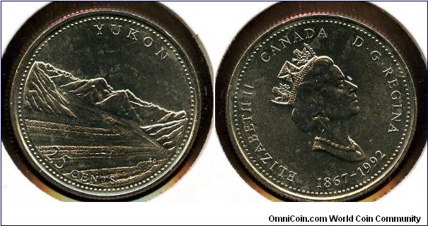 1992 
25 cents
1867-1992 
125 annivesary of confederation. 
Yukon
QEII