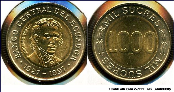 1997
1000 Sucres
70th Anniversery of the Central Bank
Eucenio Espeio
Value