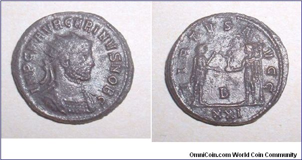 CARINUS -Antoninianus. Antioch,Cyzicus or Siscia mint. IMP C M AVR CARINVS NOB C, radiate cuirassed bust right / VIRTVS AVGG, Carinus standing right, holding scepter, receiving globe from Jupiter (or Carus) standing left, holding scepter; B between, XXI in ex. Mm 21 grs 3,3