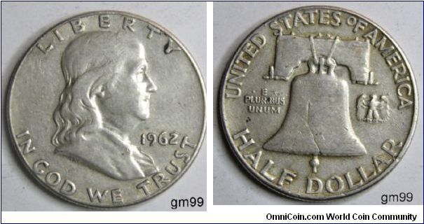 Benjamin Franklin Half Dollar,50 CENT. 1962
Mintmark: None (for Philadelphia, PA) centered above the bell on the reverse. Metal content:
Silver - 90%
Copper - 10%
