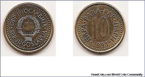 10 Para SOCIALIST FEDERAL REPUBLIC
KM#139
3.1300 g., Copper-Zinc, 18.01 mm. Obv: State emblem Rev:
Denomination Edge: Plain