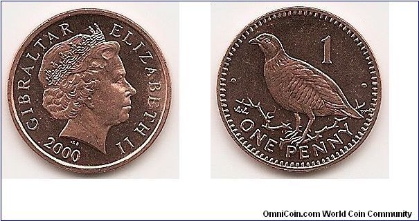 1 Penny
KM#773
3.5200 g., Bronze Plated Steel, 20.4 mm. Ruler: Elizabeth II
Obv: Head with tiara right Rev: Barbary partridge left divides
denomination