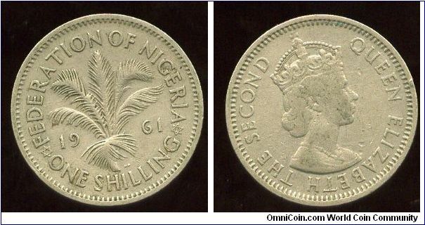 Federation of Nigeria
1961
1/-  One Shilling
Palm Tree
Queen Elizabeth II