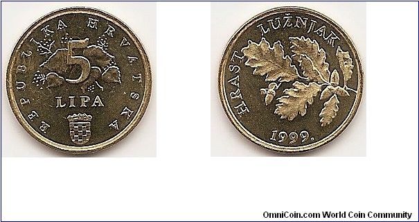 5 Lipa
KM#5
2.5000 g., Brass Plated Steel, 17.95 mm. Obv: Denomination
above crowned arms Rev: Oak leaves, date below Edge: Plain