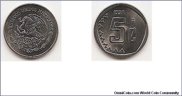 5 Centavos
KM#546
1.5900 g., Stainless Steel, 15.58 mm. Obv: National arms, eagle
left Rev: Value Edge: Plain