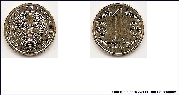 1 Tenge
KM#23
1.6000 g., Brass, 14.60 mm. Obv: National emblem Rev: Value
flanked by designs Edge: Plain