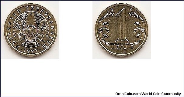 1 Tenge
KM#23
1.6000 g., Brass, 14.60 mm. Obv: National emblem Rev: Value
flanked by designs Edge: Plain