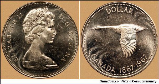 Canada, 1 dollar, 1967 100th Anniversary of the Confederation of Canada (the Canada Goose), silver dollar