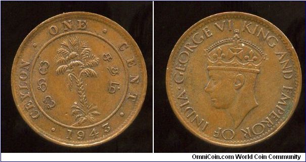 Ceylon
1943
1 Cent
Palm Tree
King George VI