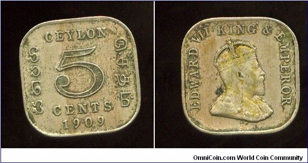 Ceylon
1909
5 Cent
Value & date
King Edward VII