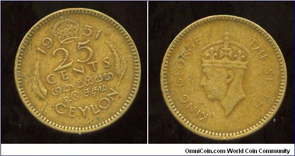 Ceylon
1951
25 Cent
Value & date
King George VI