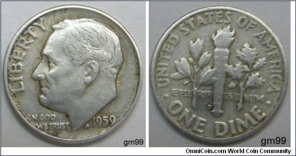 1959D- 10Cents
Roosevelt Dime
Mintmark: D (for Denver, CO) just to the left of the base of the torch on the reverse