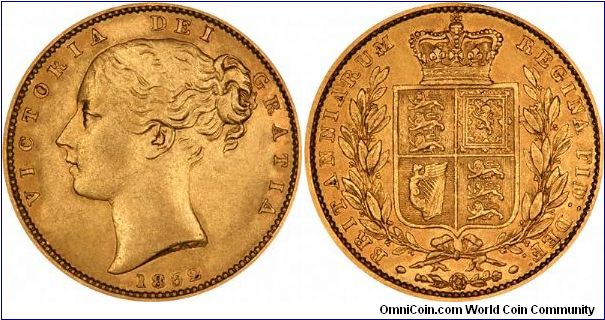Another early date of Victoria shield sovereign, second head, WW raised on neck truncation, no die number on reverse.