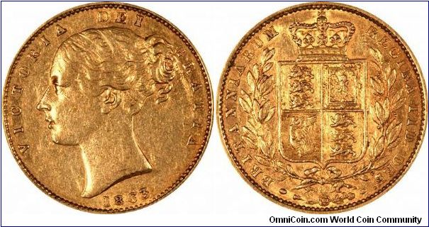 The very rare '827' sovereign of 1863, with die number 22 on reverse. Only about 6 pieces believed to exist.